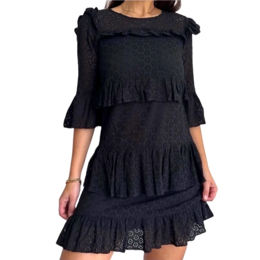 MADEWELL | Black‎ Eyelet Waterlily Ruffle Round Neck Tiered Mini Dress Size 6